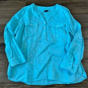 Talbots Linen Popover Shirt Roll Tab Sleeve V-neck Tunic Beach Blue XL Petite